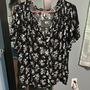 Maurices Black and White Ruffled Blouse with Notched Collar